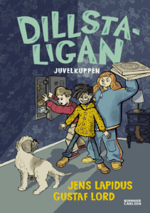 Bokomslag. Tre barn står framför ett öppet kassaskåp med juveler, en av dem håller i en pizza. En hund tittar på. Bakgrunden är ett blått rum med blommiga tapeter.