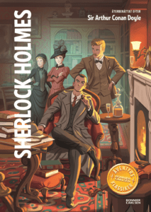 Bokomslag. Sherlock Holmes sitter i en stol med tre andra karaktärer i ett klassiskt engelsk bibliotek.