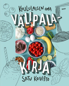 Kirjan kansikuva. Valokuvassa on sinisellä pohjalla banaani, kananmunia, kirsikkatomaatteja ja muita välipaloja.