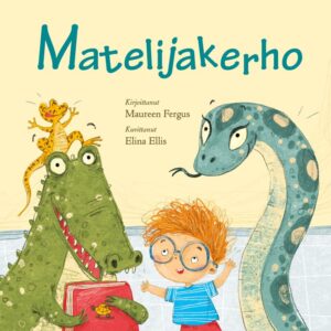 Kirjan kansikuva. Kuvassa krokotiili, käärme, lisko ja poika.