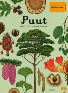 Kirjan kansikuva. Piirroskuvassa on vihreällä taustalla keskellä puu ja sen ympärillä muun muassa kuusen kerkkä ja tammenterhoja.