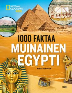 Kirjan kansikuva. Kannessa pyramideja, Tutankhamonin kuolinnaamio ja aavikko.