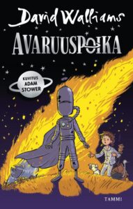 Kirjan kansikuva. Kannessa avaruusolento, poika pyjamassa ja liekehtivä lentävä lautanen.