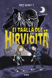 Kirjan kansikuva. Kannessa kaksi ihmishahmoa ja iso musta noita.