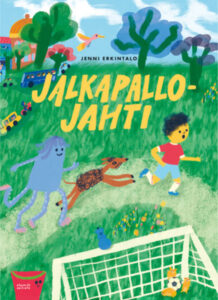 Kirjan kansikuva. Kannessa poika, jalkapallomaali, pallo ja leluja.