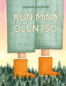 Kirjan kansikuva. Kannessa isot jalat ja housut pienen metsän päällä.