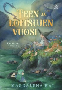 Kirjan kansikuva. Kannessa satuhahmoja joen varrella.