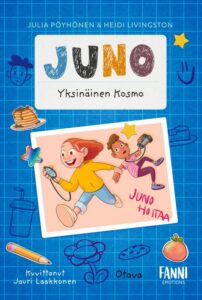 Kirjan kansikuva. Kannessa juokseva tyttö ja kaatuva poika.